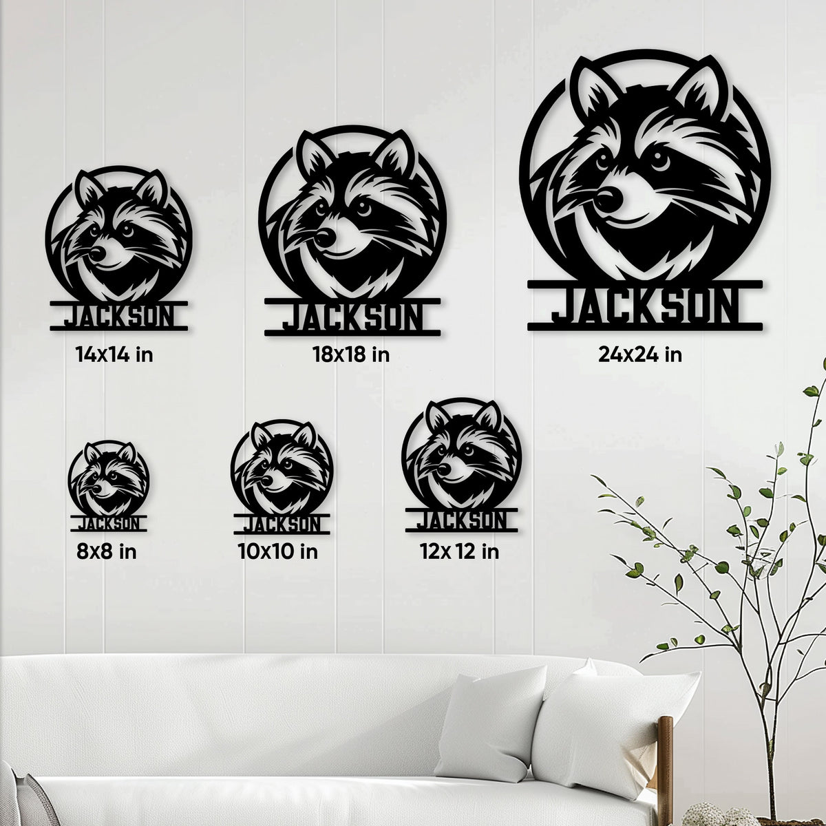 Raccoon metal sign size guide showing six available square sizes for home and outdoor display