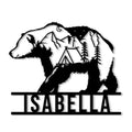 Bear-shaped camping metal sign featuring mountain peaks, pine trees, a tent, stars, and a bold silhouette design