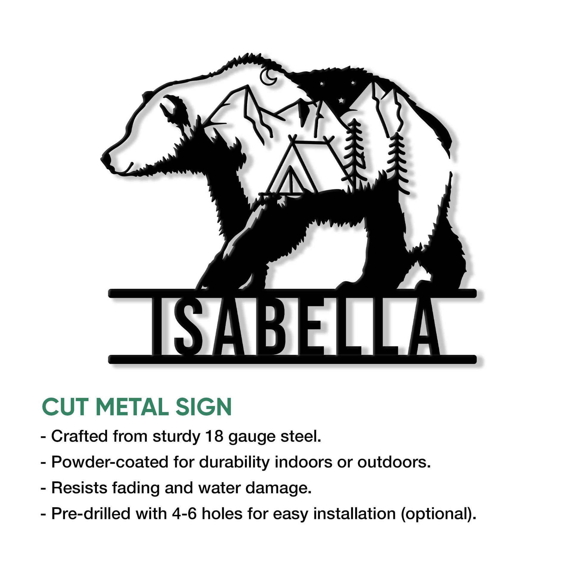 Camping bear metal sign shown with a cut-metal feature graphic and outdoor mountain artwork