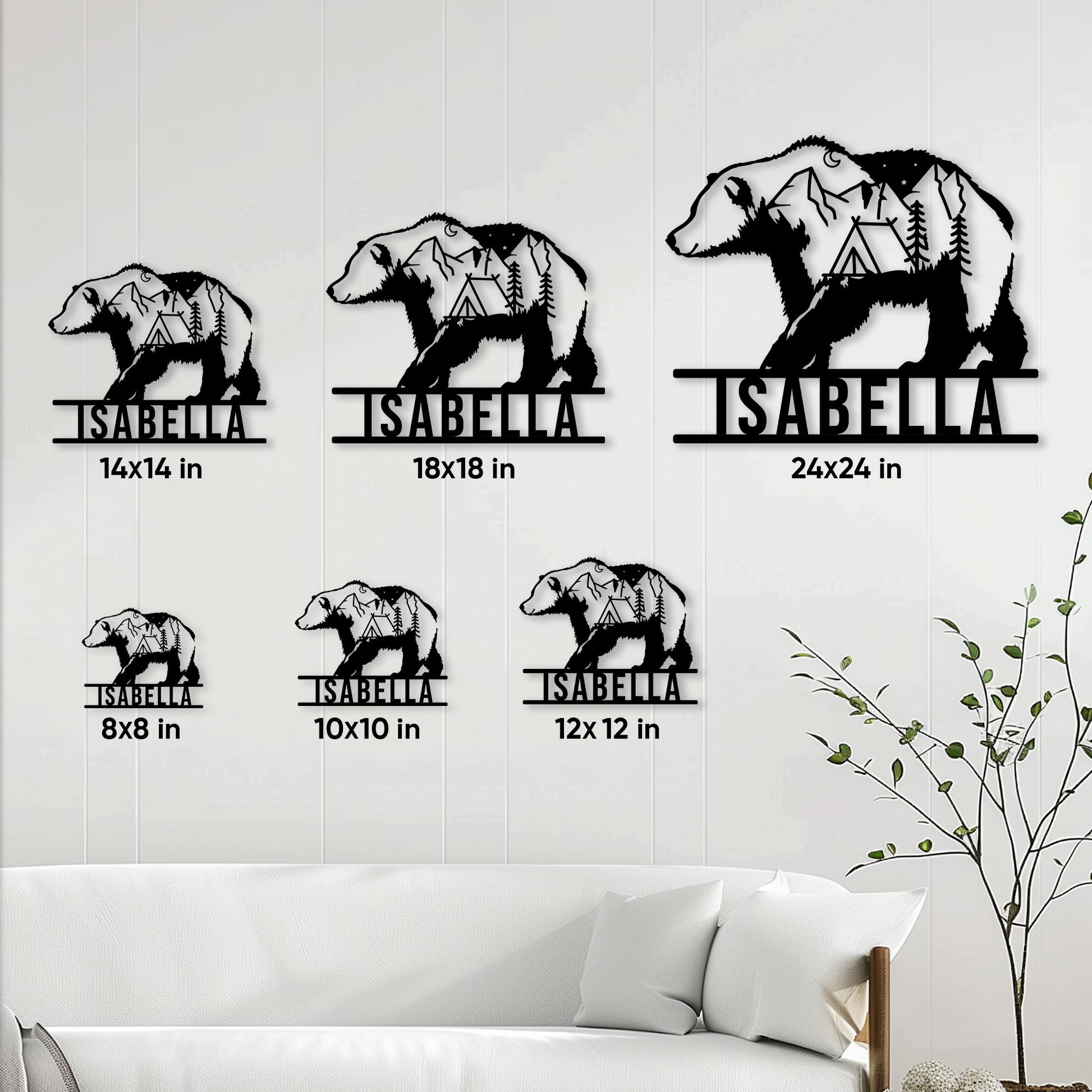 Camping bear metal sign shown in multiple size options above a living room sofa