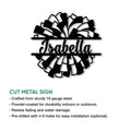 Cheerleader metal sign product graphic showing the bow design with material and installation details