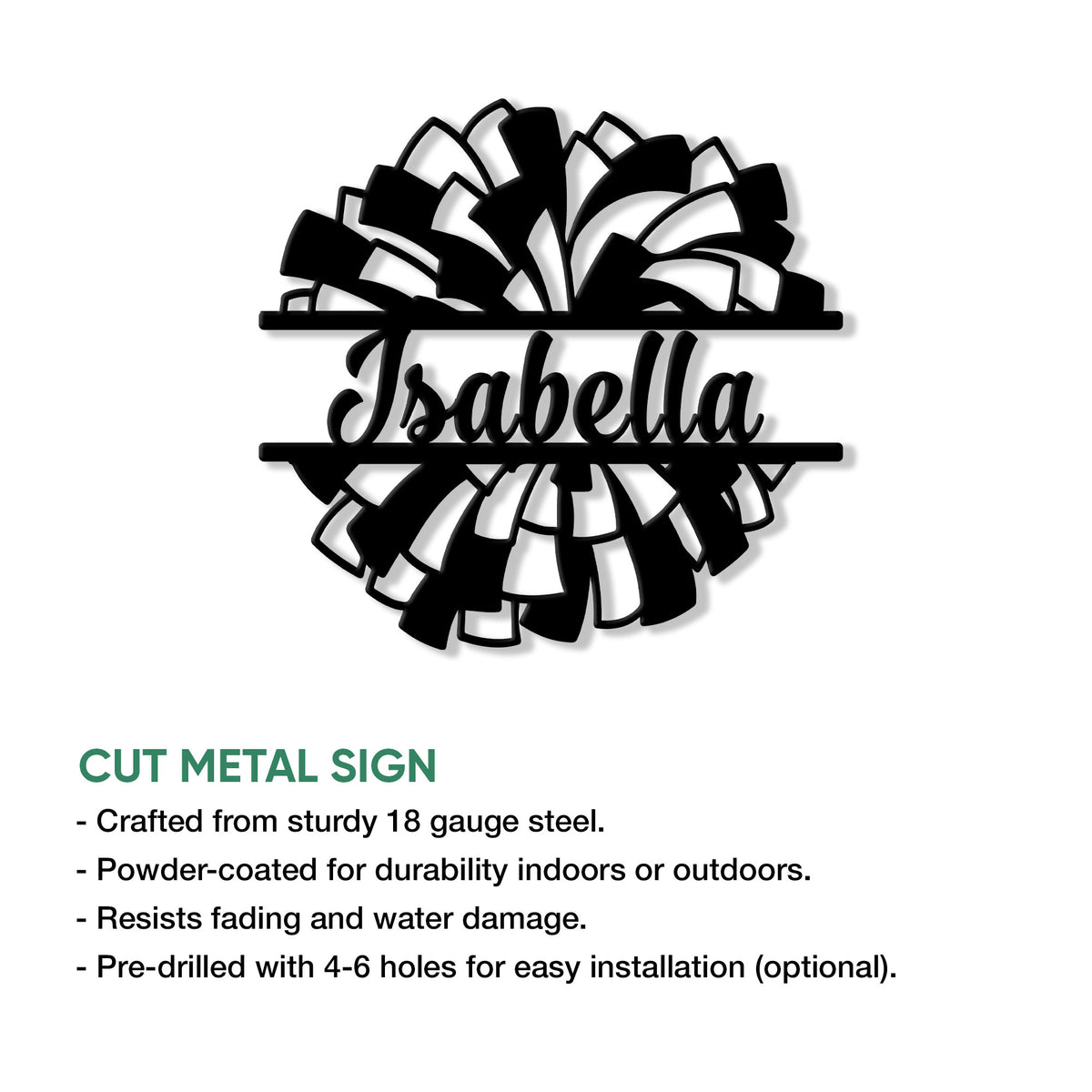 Cheerleader metal sign product graphic showing the bow design with material and installation details