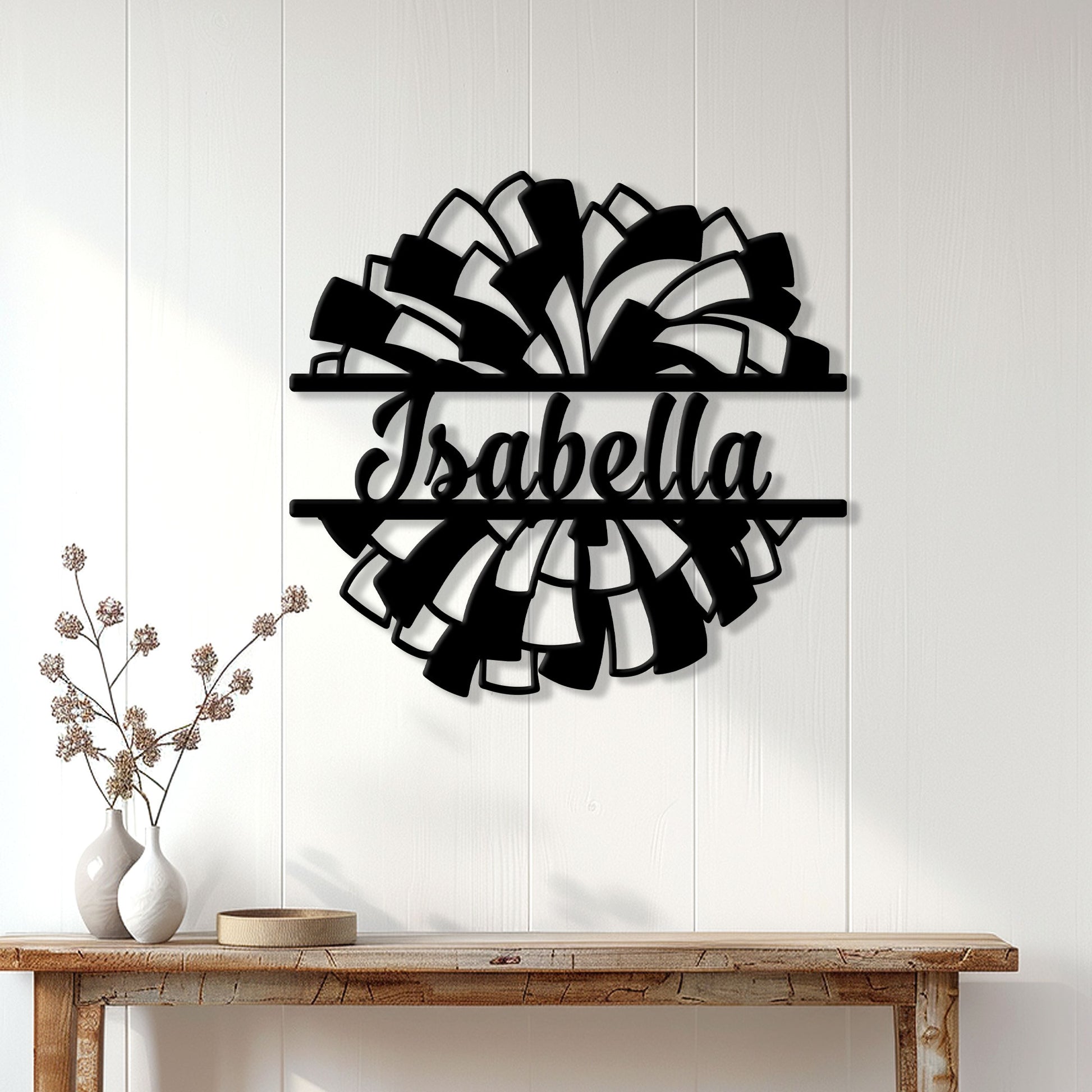 Custom cheerleading metal sign displayed on a white paneled wall above a console table