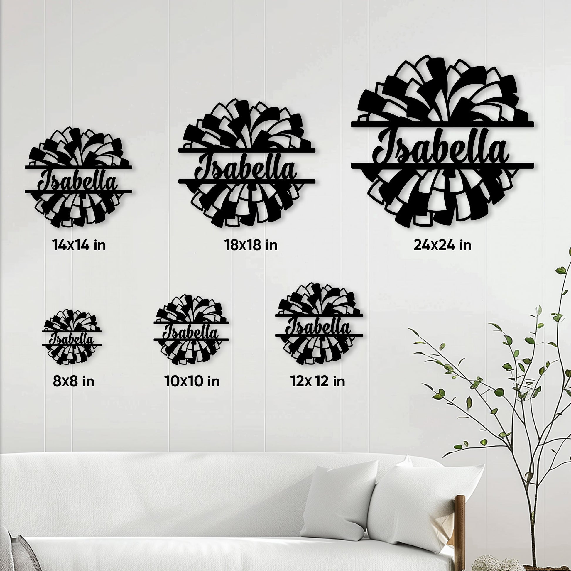 Cheerleading wall sign shown in multiple size options from 8 by 8 to 24 by 24 inches