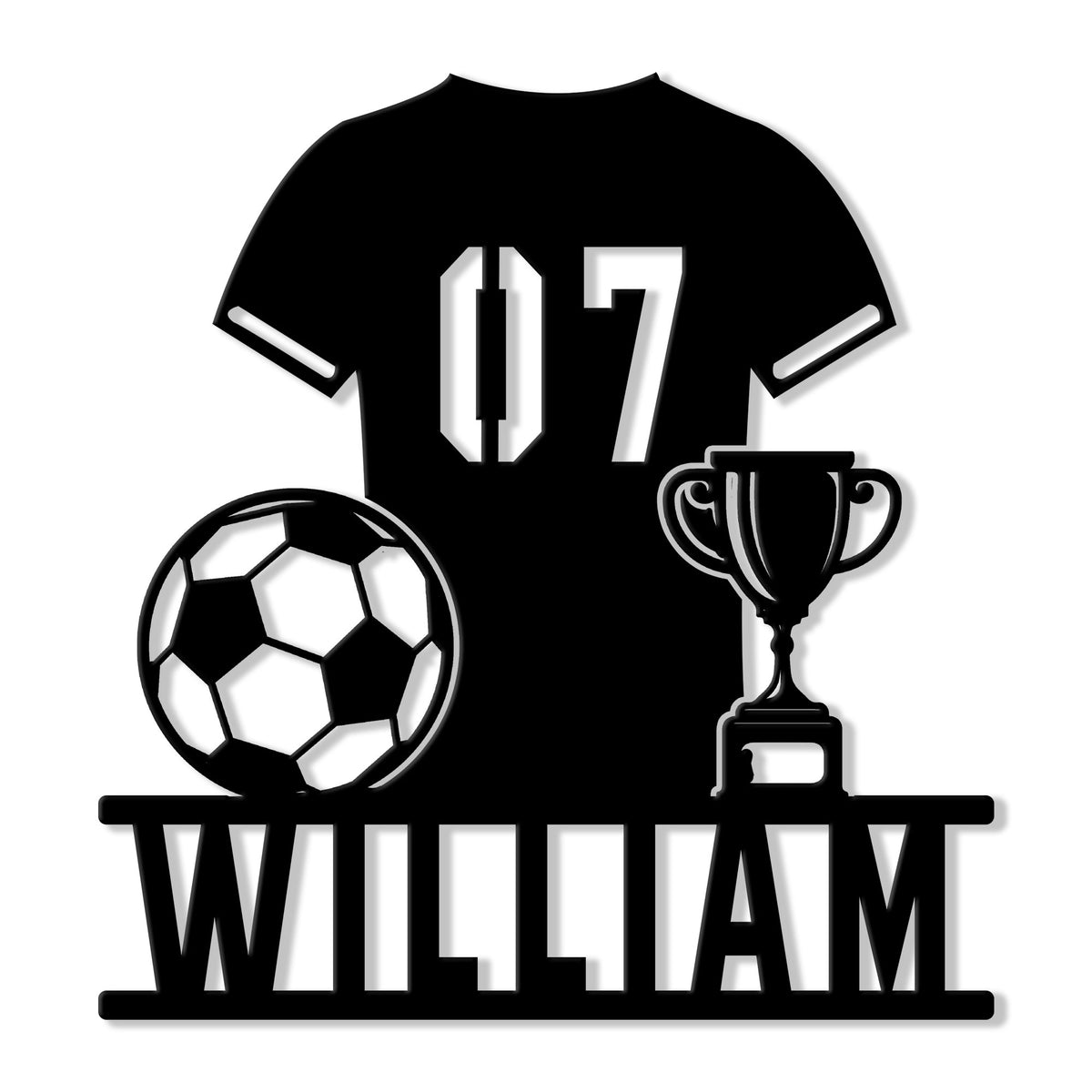 Custom soccer metal sign featuring a jersey, soccer ball, championship trophy, and bold player display