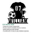 Soccer metal sign feature graphic showing a jersey, ball, trophy, and cut metal wall decor design