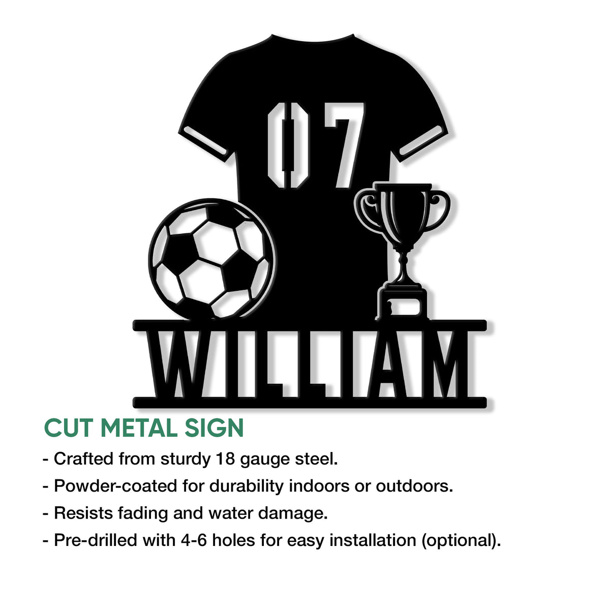 Soccer metal sign feature graphic showing a jersey, ball, trophy, and cut metal wall decor design
