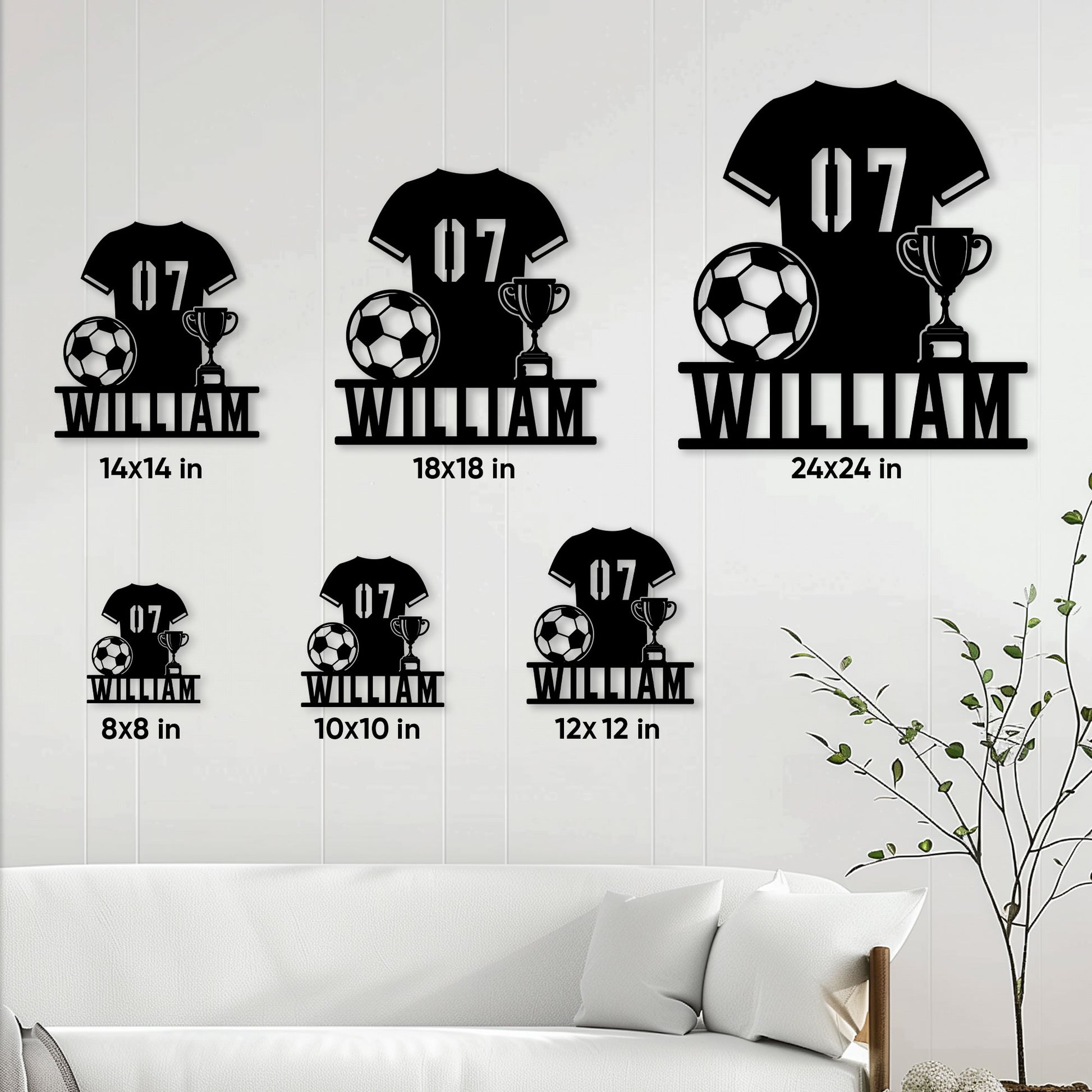 Soccer metal sign size guide showing six available square dimensions in a home wall display