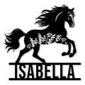 Custom horse metal sign featuring a rearing horse silhouette with flowing mane and botanical cutout details