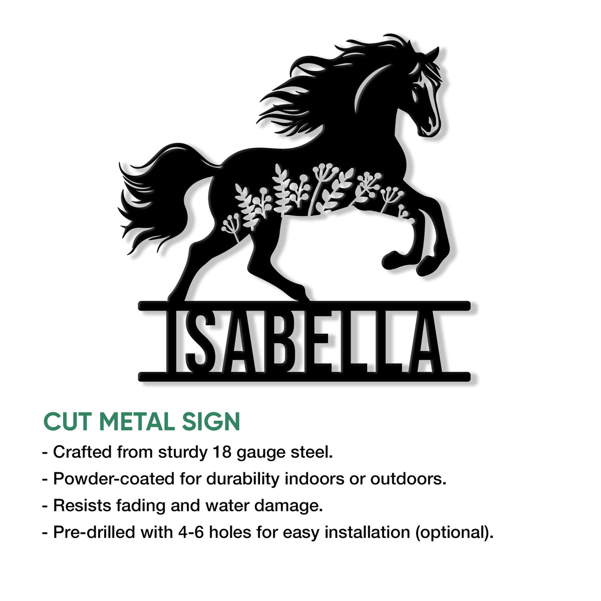 Horse metal sign shown as a cut-steel wall accent with a bold rearing horse silhouette and floral details