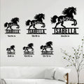 Horse metal sign size guide showing six available square sizes styled on a bright living room wall
