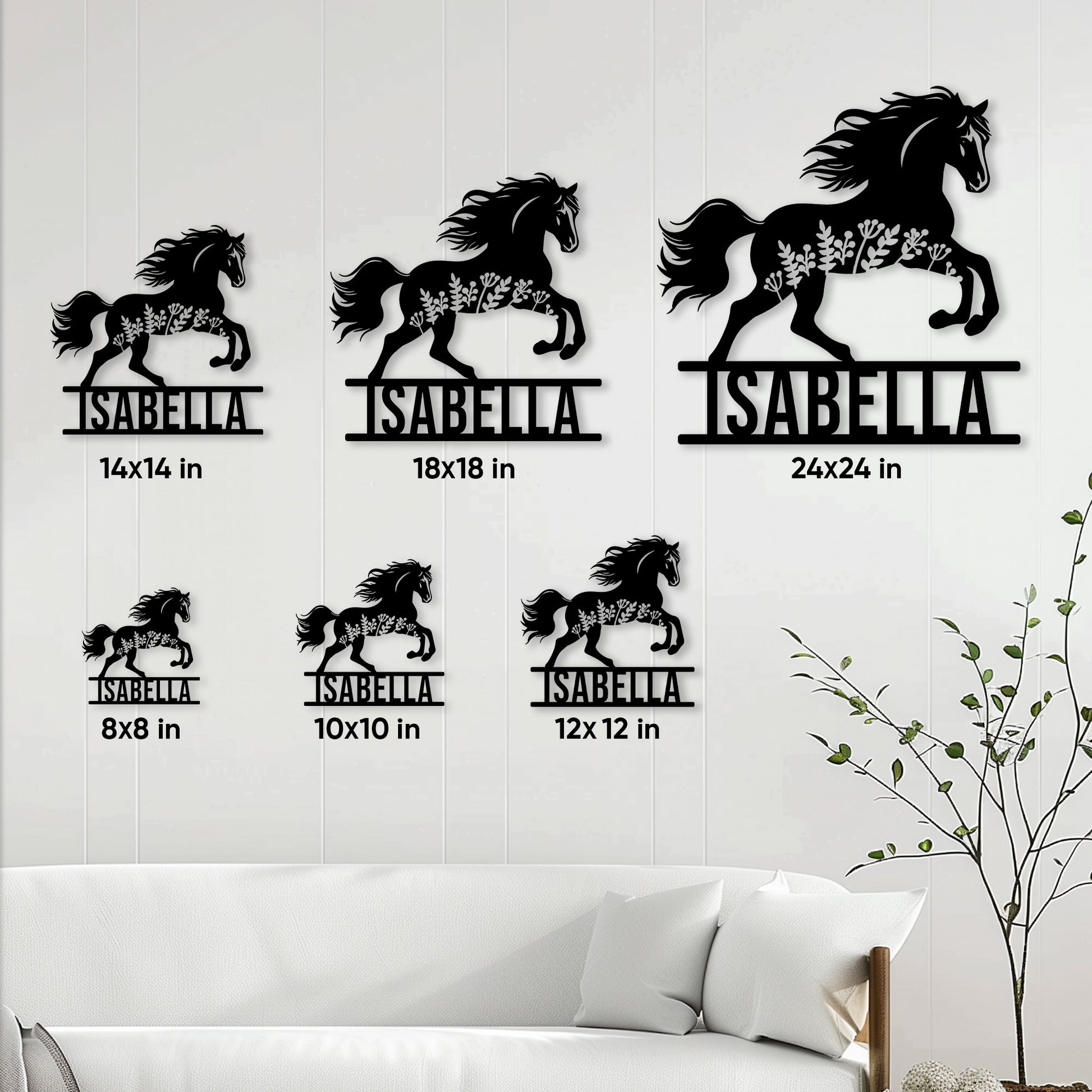 Horse metal sign size guide showing six available square sizes styled on a bright living room wall