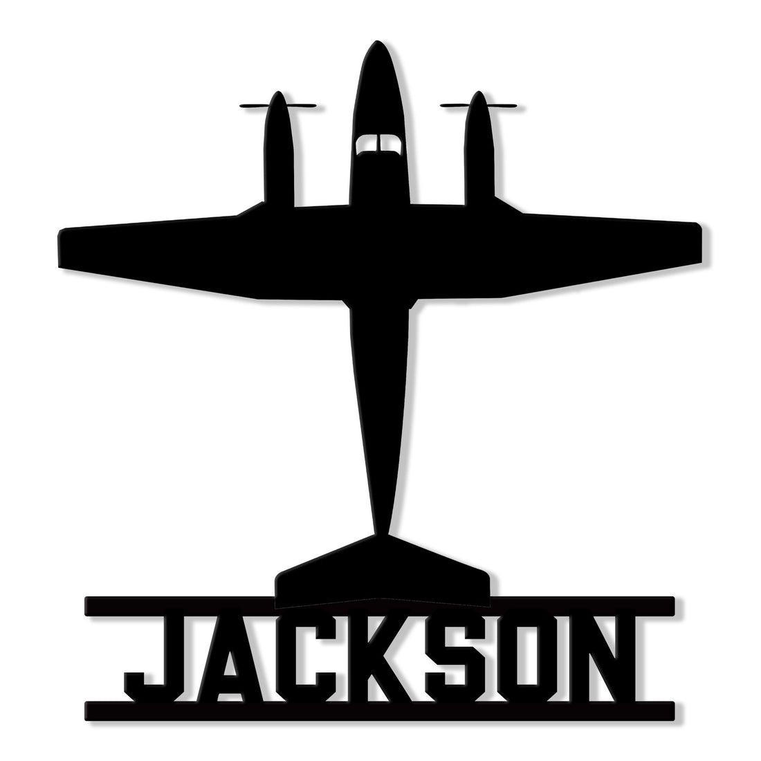 Black airplane silhouette metal sign with a bold pilot-themed design and custom name styling
