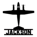Black airplane silhouette metal sign with a bold pilot-themed design and custom name styling