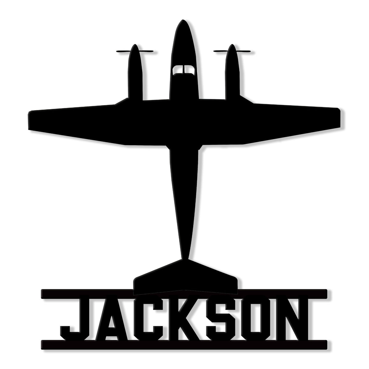 Black airplane silhouette metal sign with a bold pilot-themed design and custom name styling