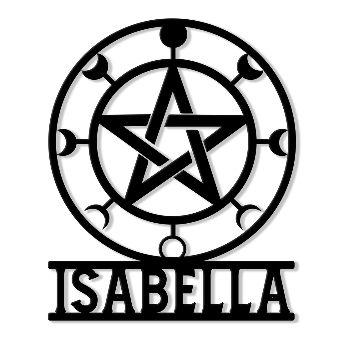 Custom Wicca metal sign featuring a bold pentagram, moon phases, and space for personal lettering