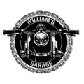 Custom biker metal sign featuring a front-view motorcycle framed by a bold chain border