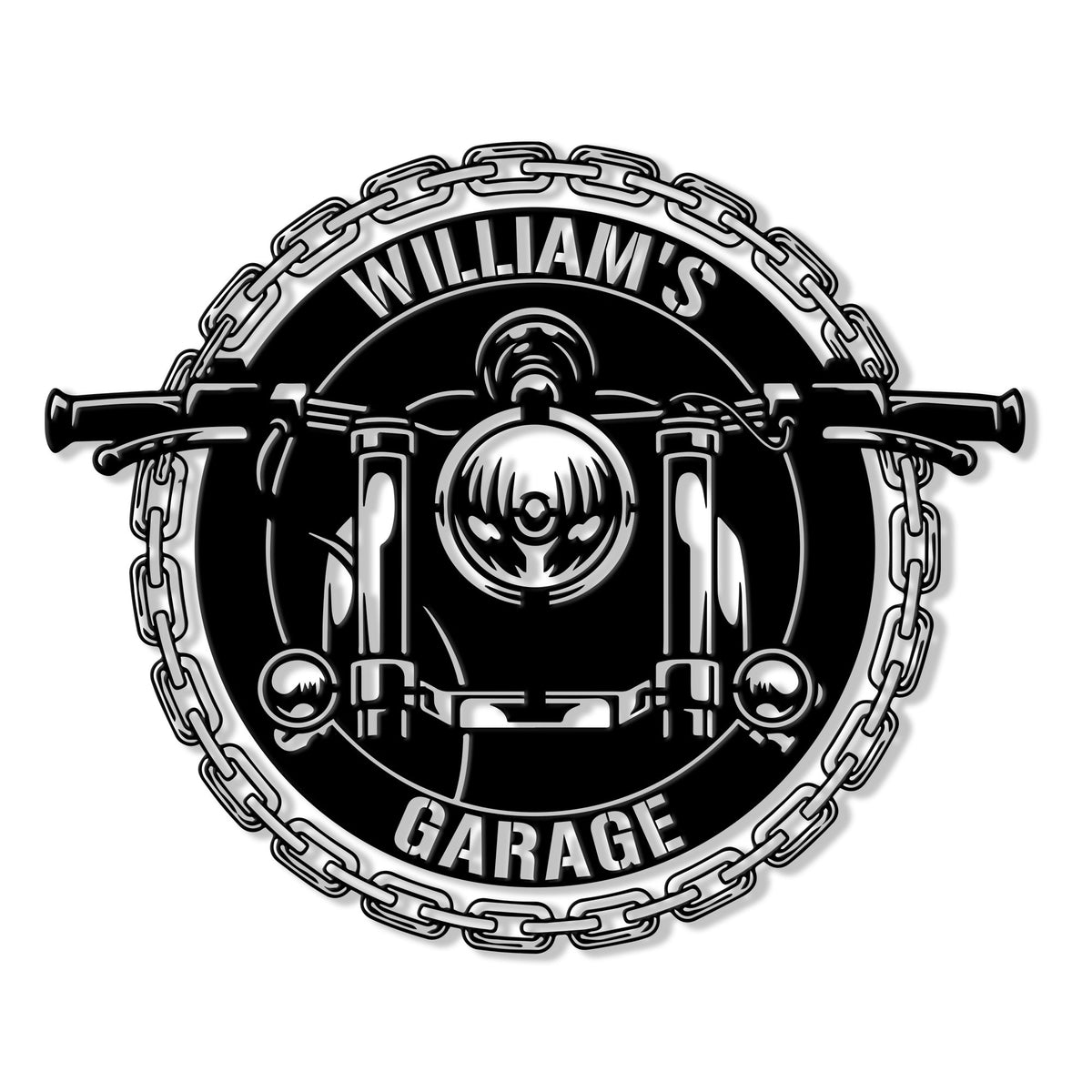 Custom biker metal sign featuring a front-view motorcycle framed by a bold chain border
