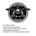 Biker garage metal sign shown with a detailed motorcycle front design and chain-style frame