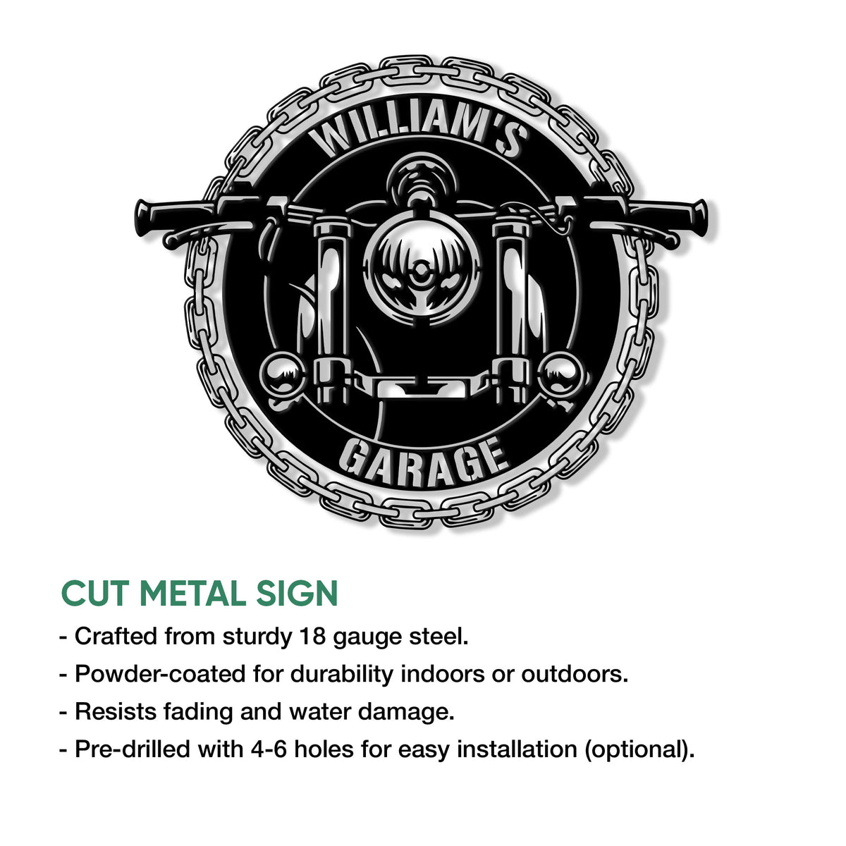 Biker garage metal sign shown with a detailed motorcycle front design and chain-style frame