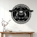 Black motorcycle metal sign displayed as garage wall decor in a bright modern room