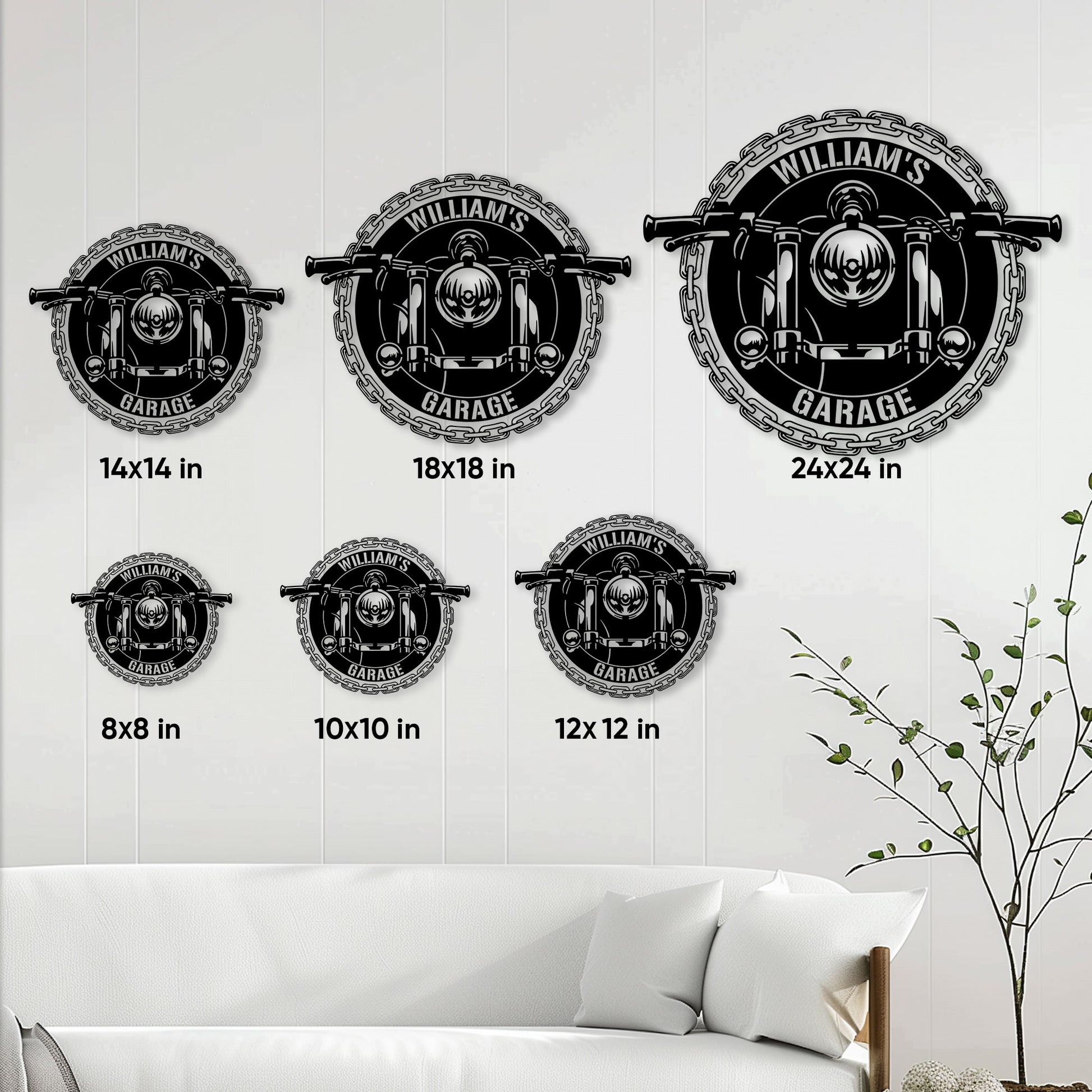 Biker metal sign size guide showing available square sizes from 8 by 8 to 24 by 24 inches