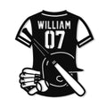 Custom baseball jersey metal sign featuring a cap, crossed bat, glove, and baseball silhouette