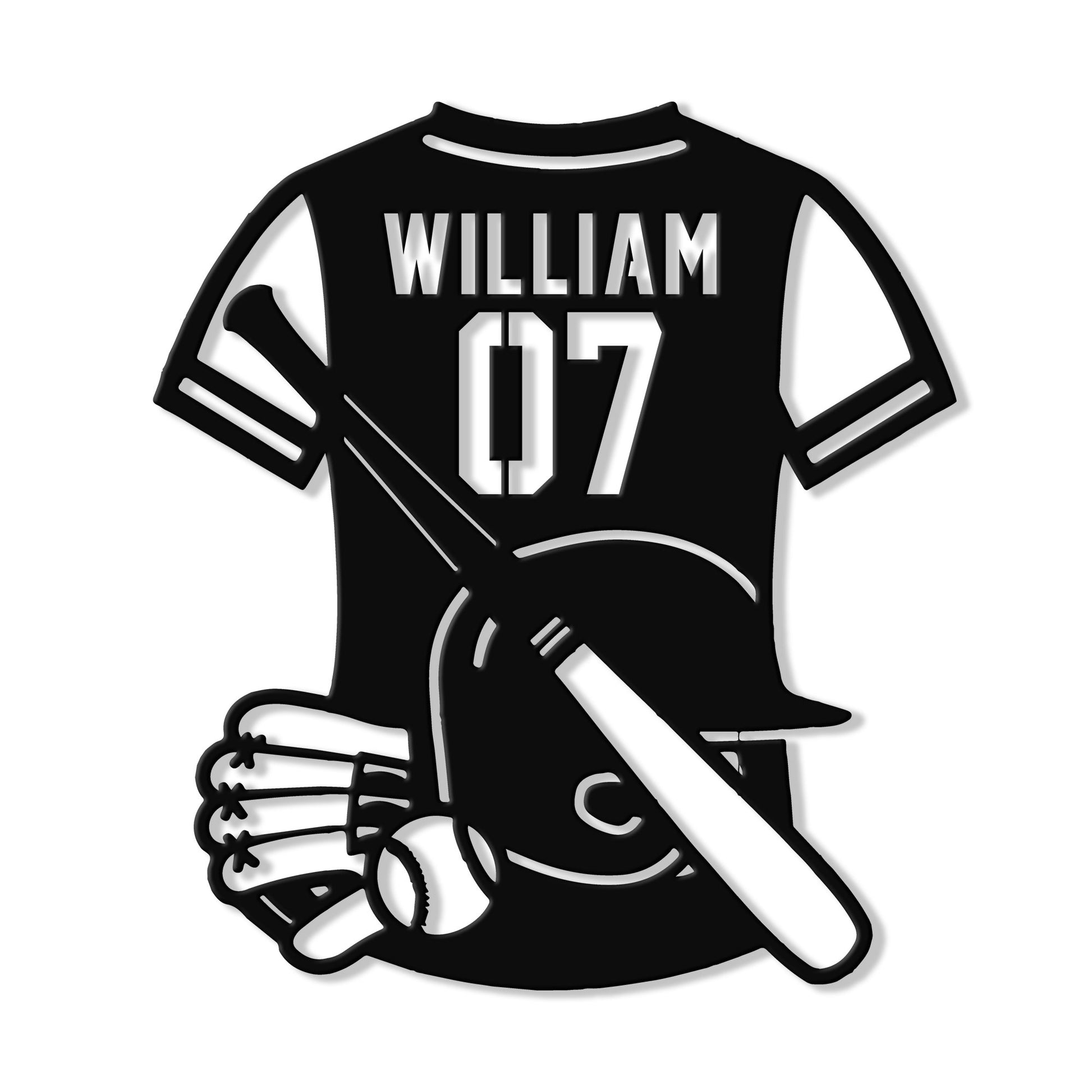 Custom baseball jersey metal sign featuring a cap, crossed bat, glove, and baseball silhouette