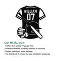 Baseball jersey metal sign with cap, bat, glove, and baseball artwork shown in a product feature graphic