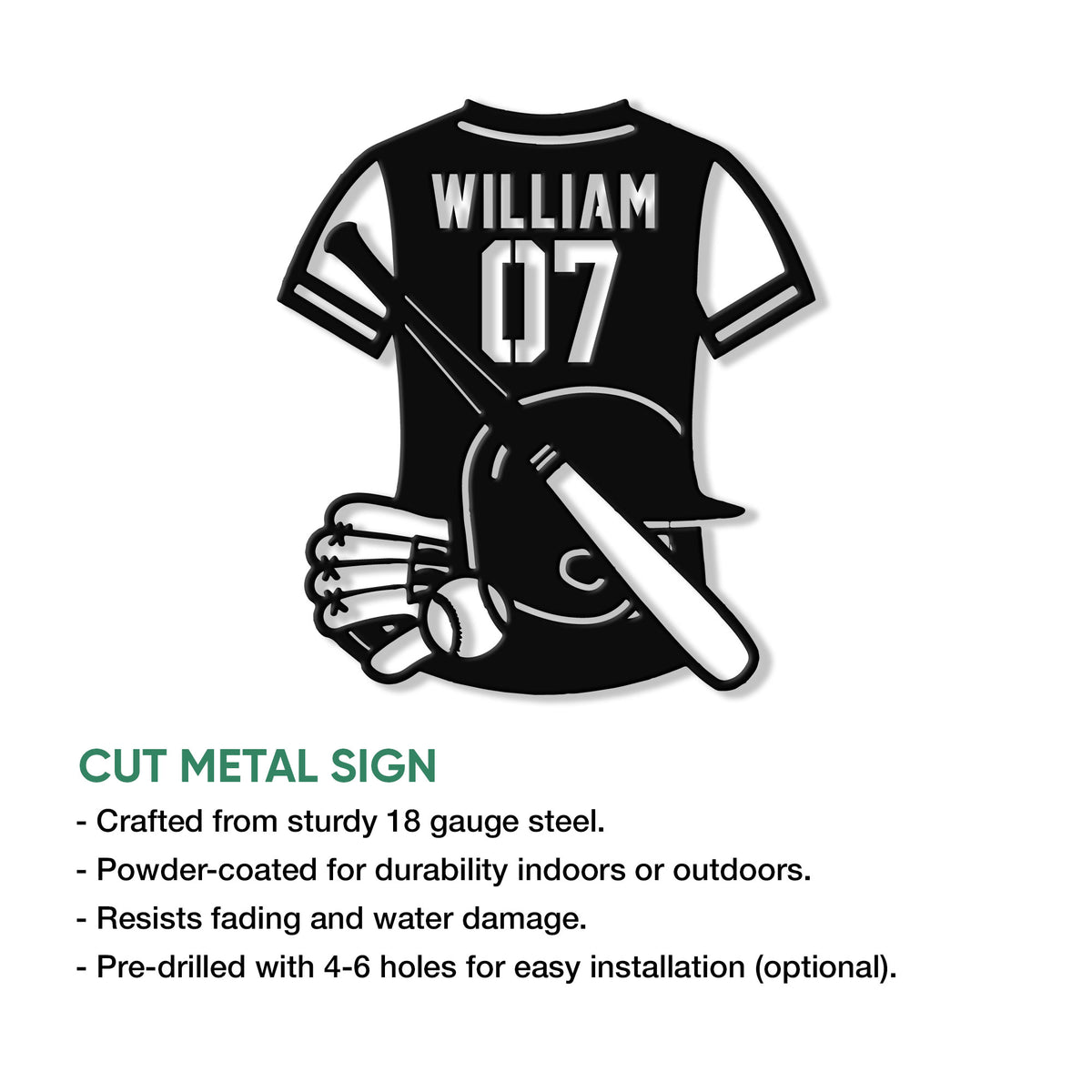 Baseball jersey metal sign with cap, bat, glove, and baseball artwork shown in a product feature graphic