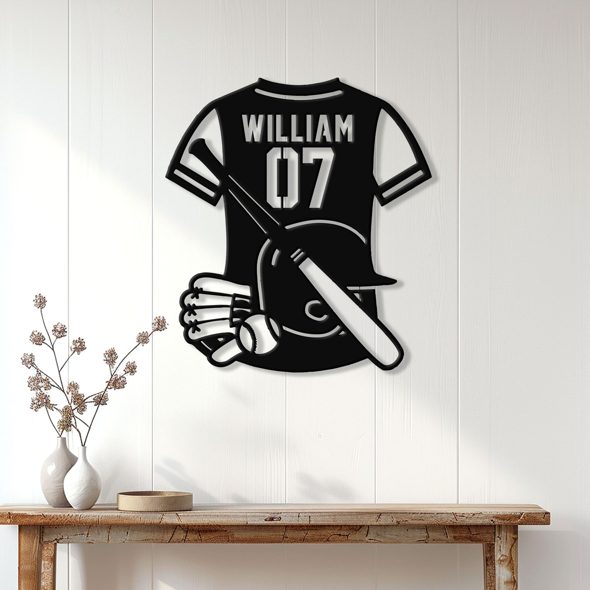 Baseball wall sign displayed in a bright home interior above a console table