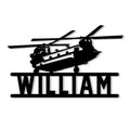 Custom veteran metal sign featuring a military transport helicopter silhouette and bold wall-mounted design