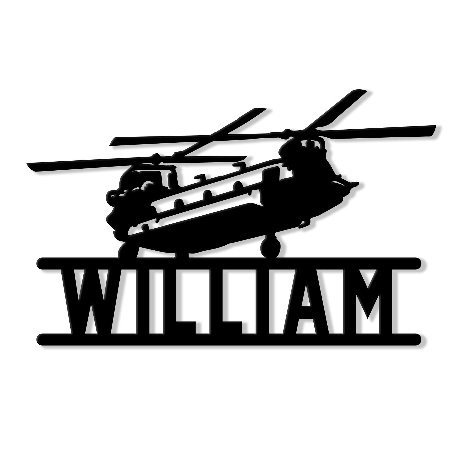 Custom veteran metal sign featuring a military transport helicopter silhouette and bold wall-mounted design
