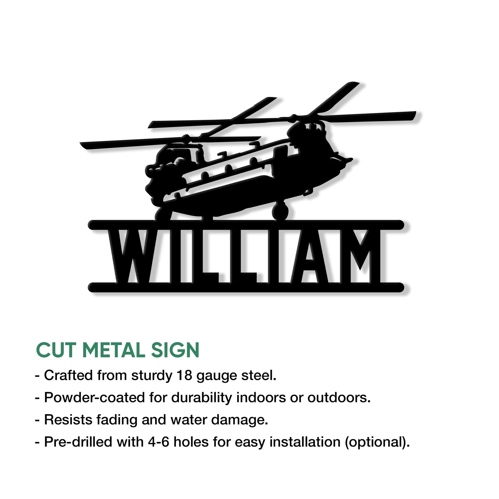Veteran helicopter metal sign feature graphic highlighting cut steel construction and indoor or outdoor display