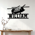 Military helicopter veteran wall sign displayed above a console table in a bright home interior