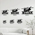 Military helicopter metal sign size guide showing multiple available dimensions in a living room setting