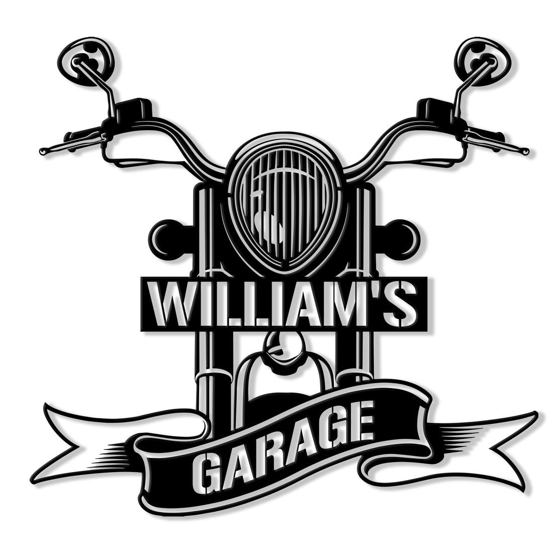 Black motorcycle front-view metal sign with bold garage banner design for biker wall decor