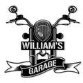 Black motorcycle front-view metal sign with bold garage banner design for biker wall decor
