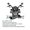 Biker metal sign featuring a detailed motorcycle front end and garage-themed custom design