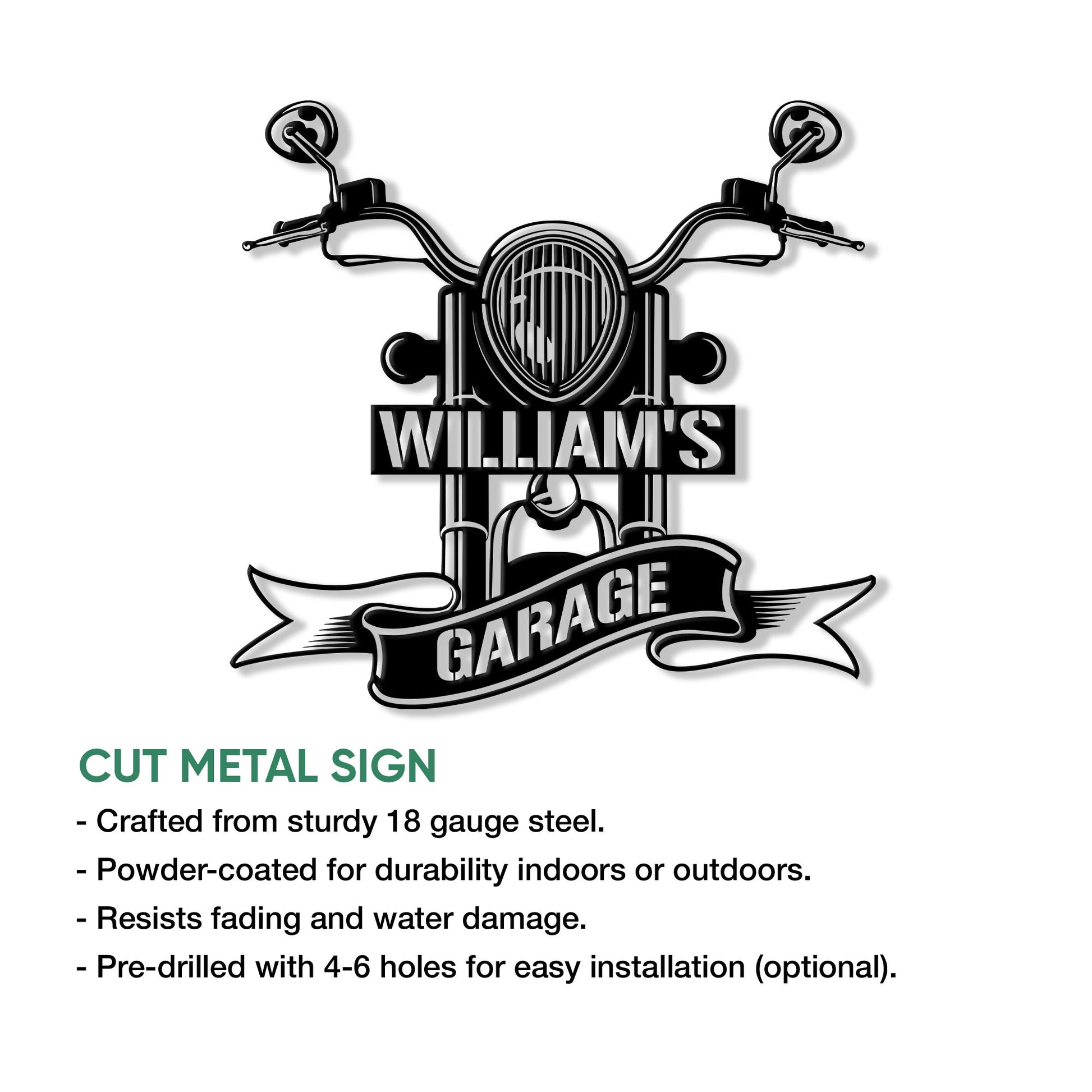 Biker metal sign featuring a detailed motorcycle front end and garage-themed custom design