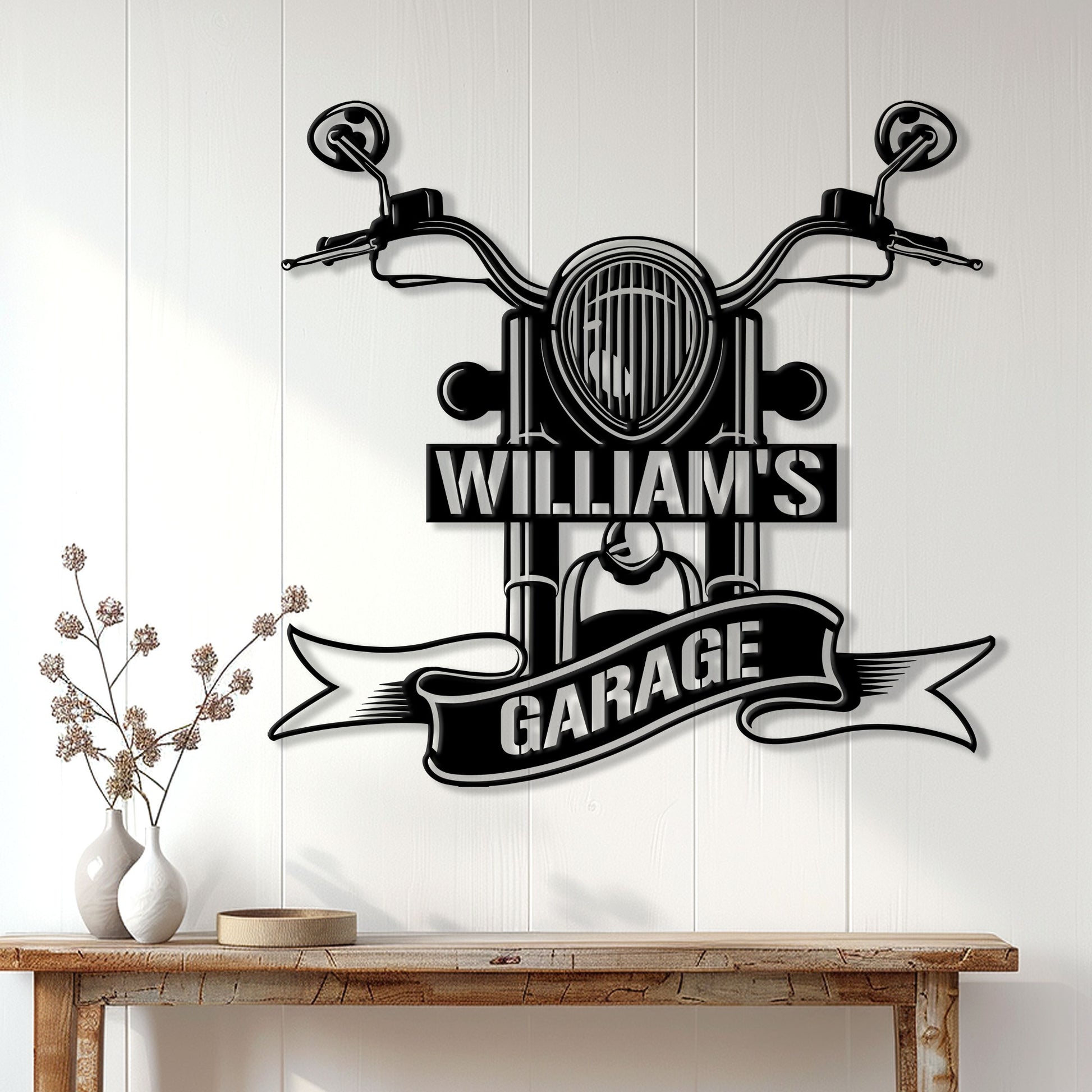 Motorcycle garage wall sign displayed on white paneling above a rustic console table