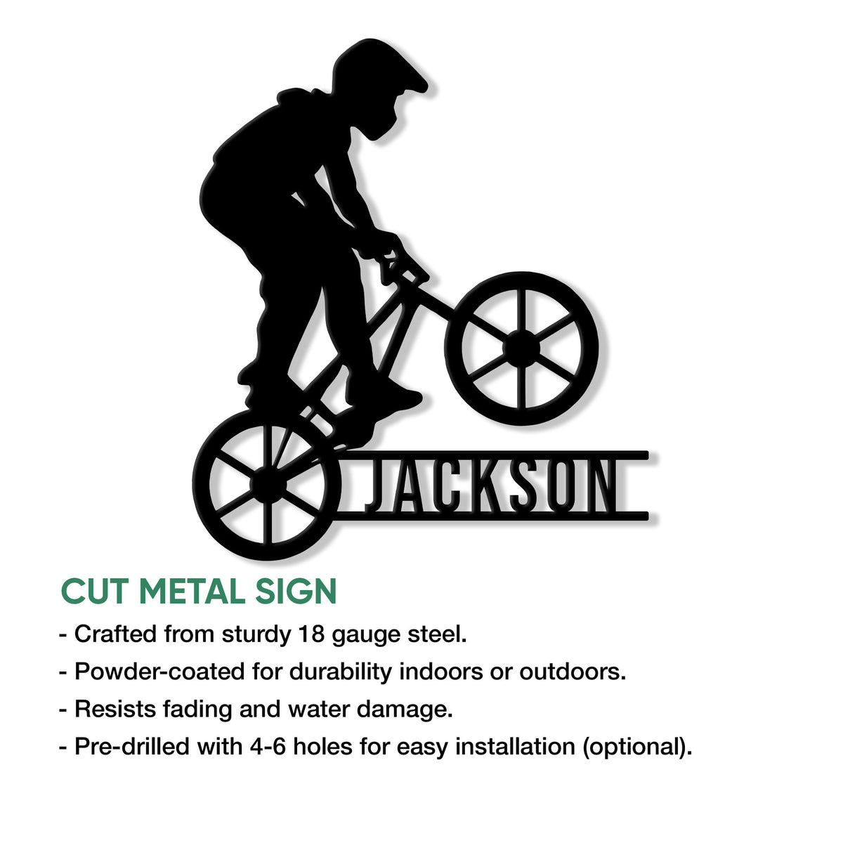 Freestyle BMX rider metal sign shown with cut steel sign features and wall display details