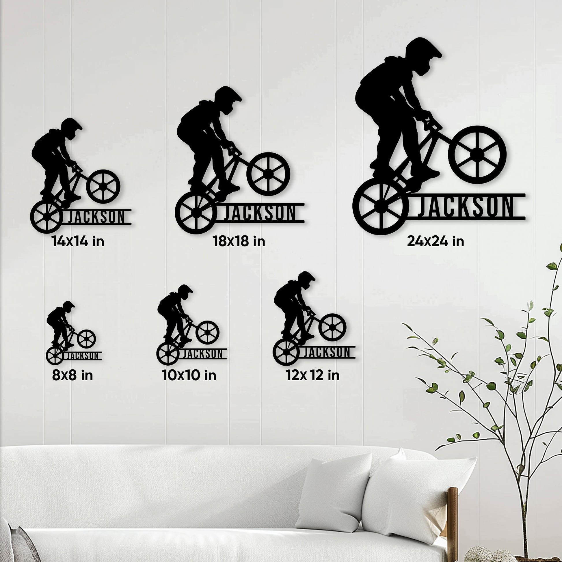 BMX rider metal sign size guide showing available sizes from 8 by 8 to 24 by 24 inches