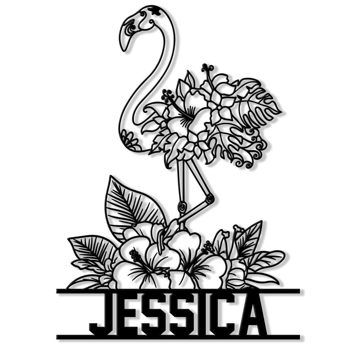 Flamingo metal sign with an ornate tropical floral design and decorative wall art silhouette