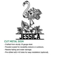 Floral flamingo cut metal sign shown with product feature information for indoor and outdoor decor
