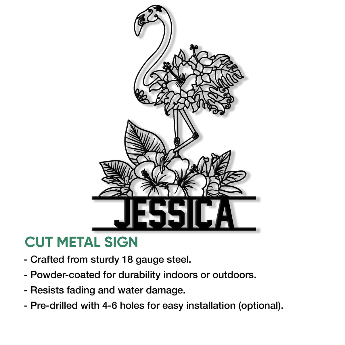 Floral flamingo cut metal sign shown with product feature information for indoor and outdoor decor