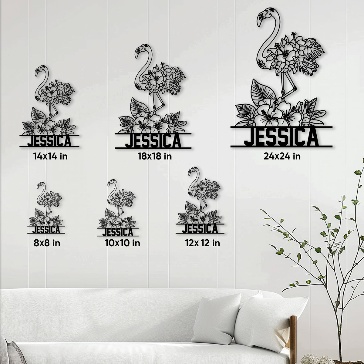 Flamingo metal sign size guide showing available square dimensions from 8 by 8 to 24 by 24 inches