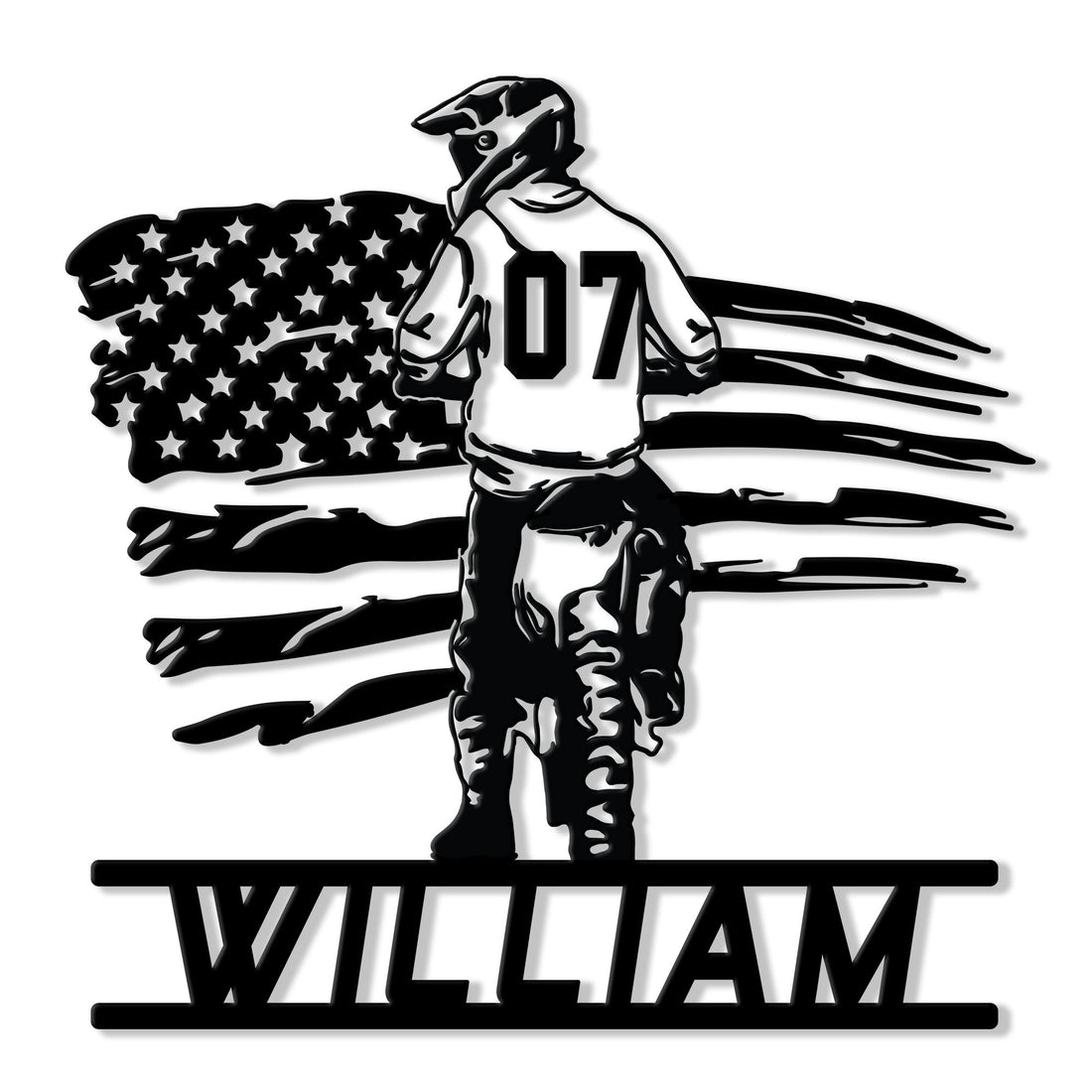 Custom motocross metal sign featuring a helmeted dirt bike rider silhouette with a bold American flag backdrop