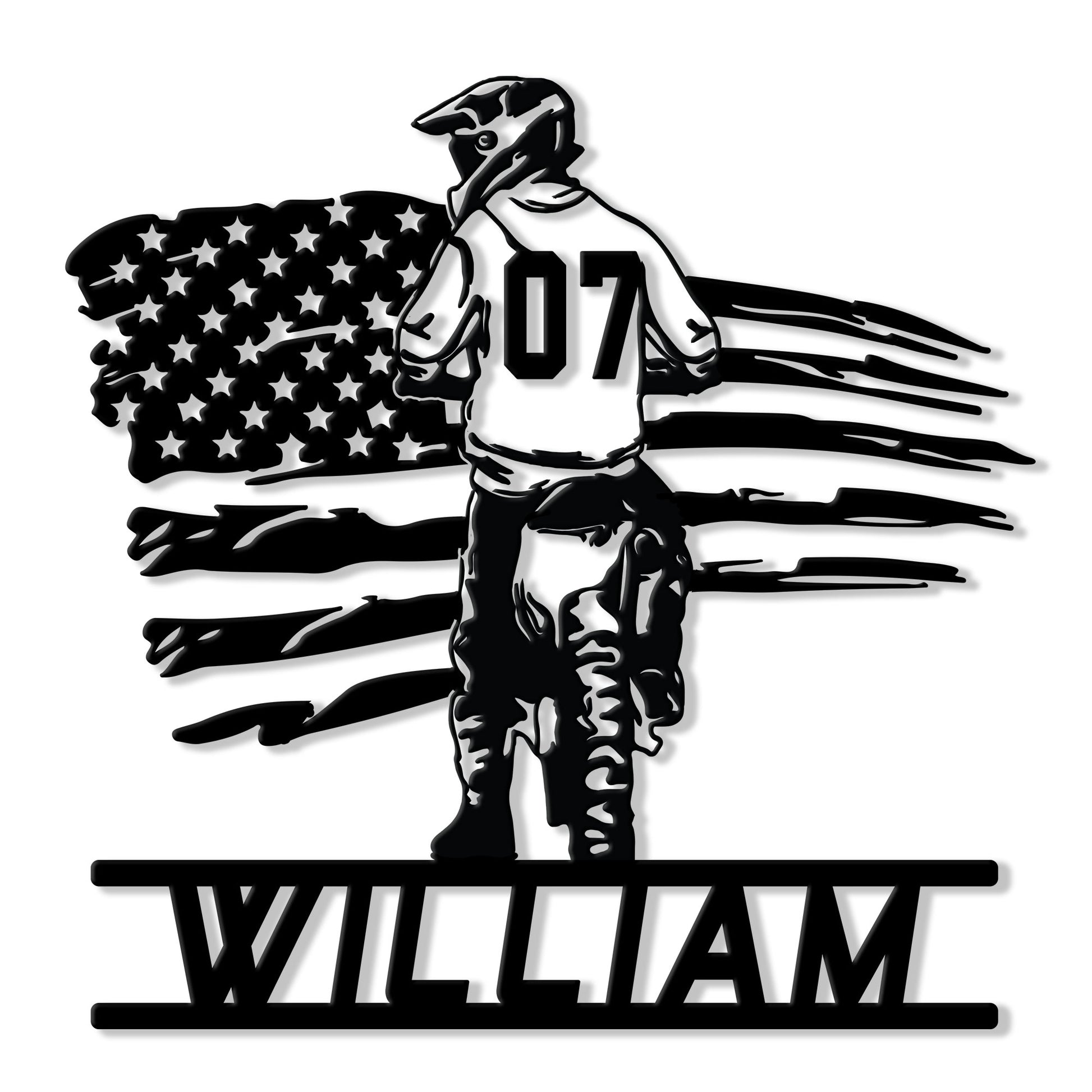 Custom motocross metal sign featuring a helmeted dirt bike rider silhouette with a bold American flag backdrop