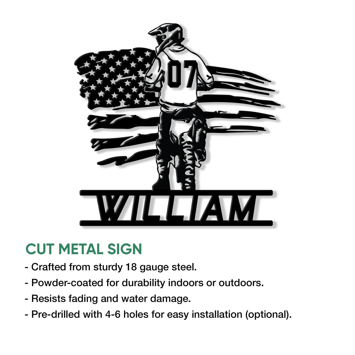 Motocross rider metal sign shown with a product feature infographic for indoor and outdoor display